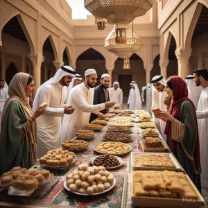 Makan Bersama: Gambar ini menampilkan keluarga dan kerabat yang berkumpul untuk makan bersama, biasanya dengan hidangan khas seperti kebab, dolma, dan baklava / AI