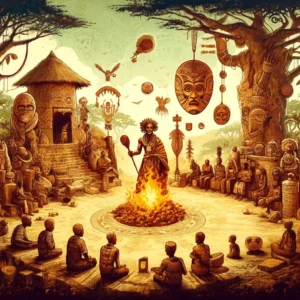 Ilustrasi kepercayaan adat Afrika, menampilkan seorang pemimpin spiritual yang melakukan ritual, dikelilingi oleh simbol-simbol tradisional, topeng leluhur, dan suasana alam yang sakral / AI