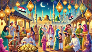 Ilustrasi, suasana meriah dari berbagai tradisi, seperti persiapan ketupat di Indonesia, ziarah di Madinah, festival lentera di Mesir, dan bayramlaşma di Turki / AI