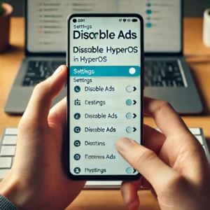 Gambar ini menunjukkan seseorang menggunakan smartphone Xiaomi, menavigasi menu pengaturan untuk menonaktifkan iklan di HyperOS / AI
