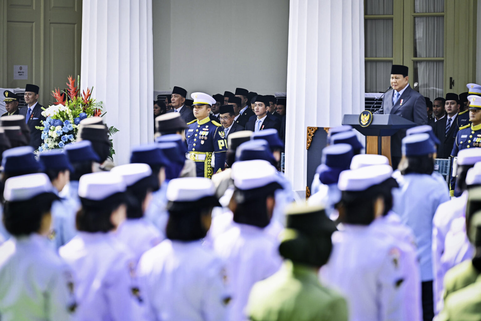 Presiden Prabowo dari mimbar Gedung Pancasila, Kementerian Luar Negeri, Jakarta, Senin (2/6/2025)./Setpres