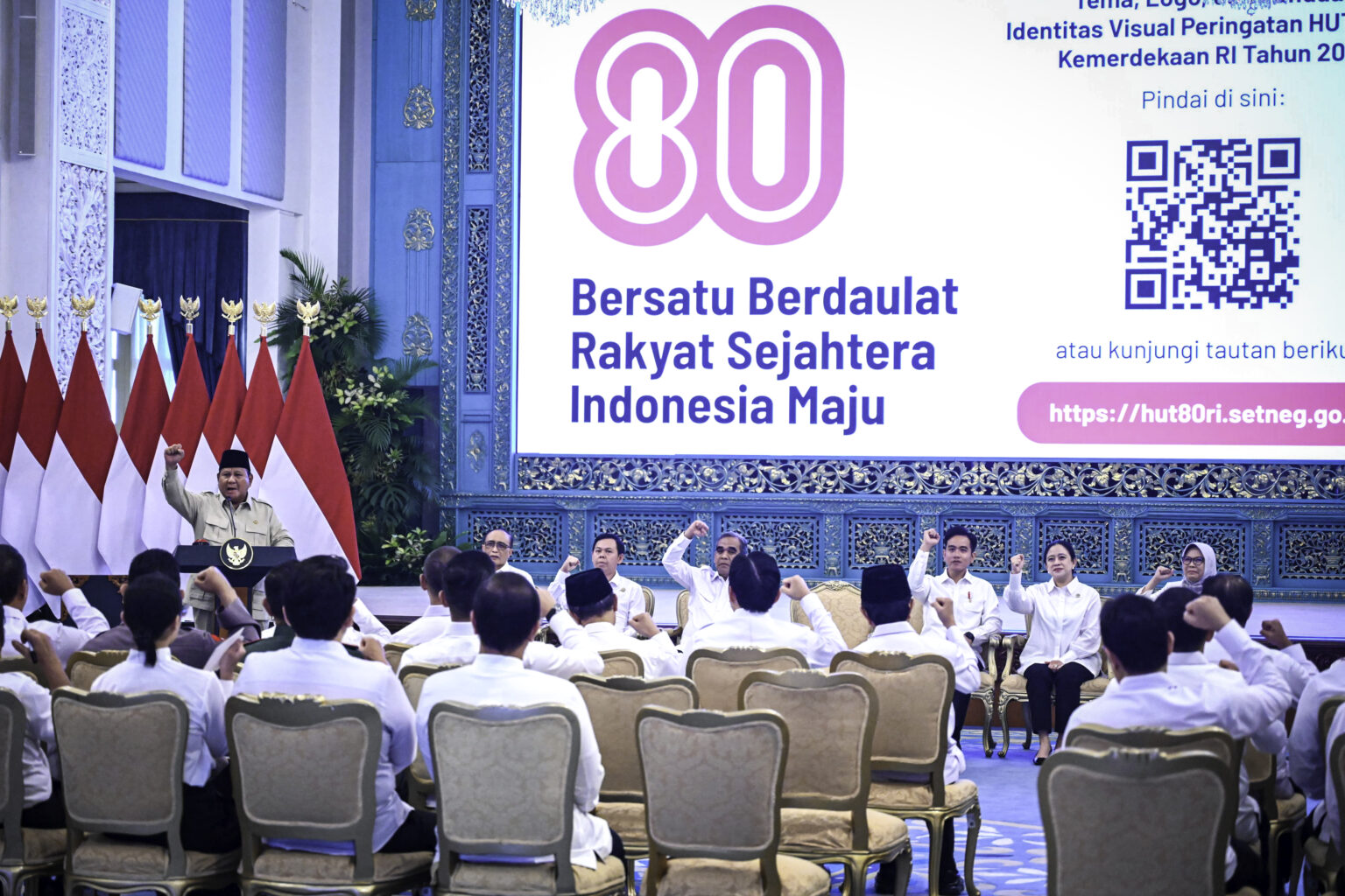 Presiden Prabowo Subianto secara resmi meluncurkan logo dan tema Hari Ulang Tahun (HUT) ke-80 Kemerdekaan Republik Indonesia yang digelar di Istana Negara, Jakarta, pada Rabu, 23 Juli 2025. (Foto: BPMI Setpres)