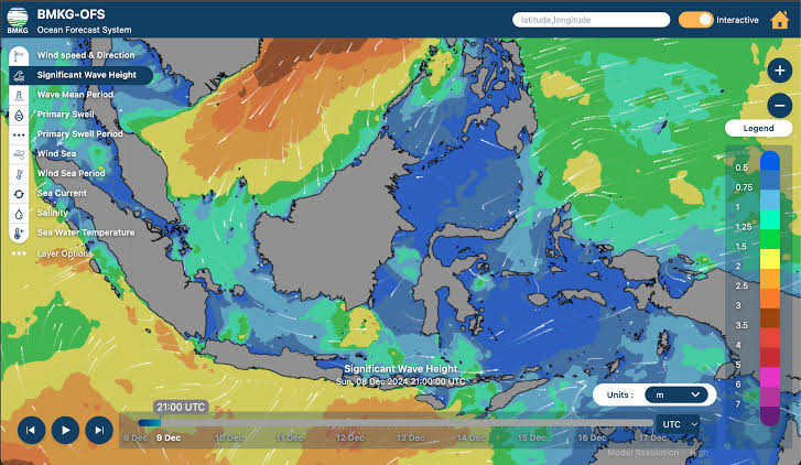 Tangkapan layar monitor Ocean Forecast System BMKG untuk memantau pergerakan cuaca di lautan. (BMKG) . Info Publik