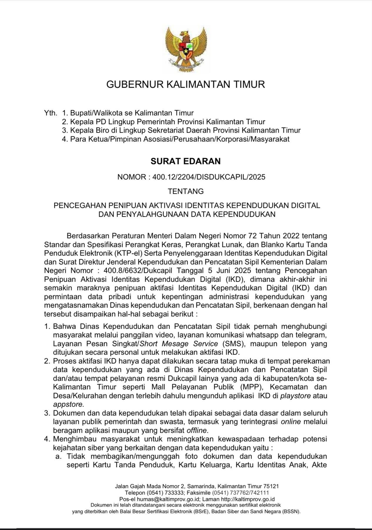 Surat Edaran Gubernur Kaltim Nomor 400.12/2204/DISDUKCAPIL/2025 yang ditandatangani Gubernur Rudy Mas’ud pada 5 Agustus 2025.