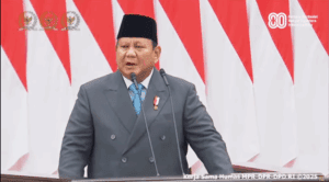 Presiden Prabowo saat menyampaikan Pidato Kenegaraan dalam Sidang Tahunan MPR RI, DPR RI, dan DPD RI Tahun 2025 di Kompleks Parlemen, Senayan, Jakarta, Jumat (15/8/2025). / Info Publik