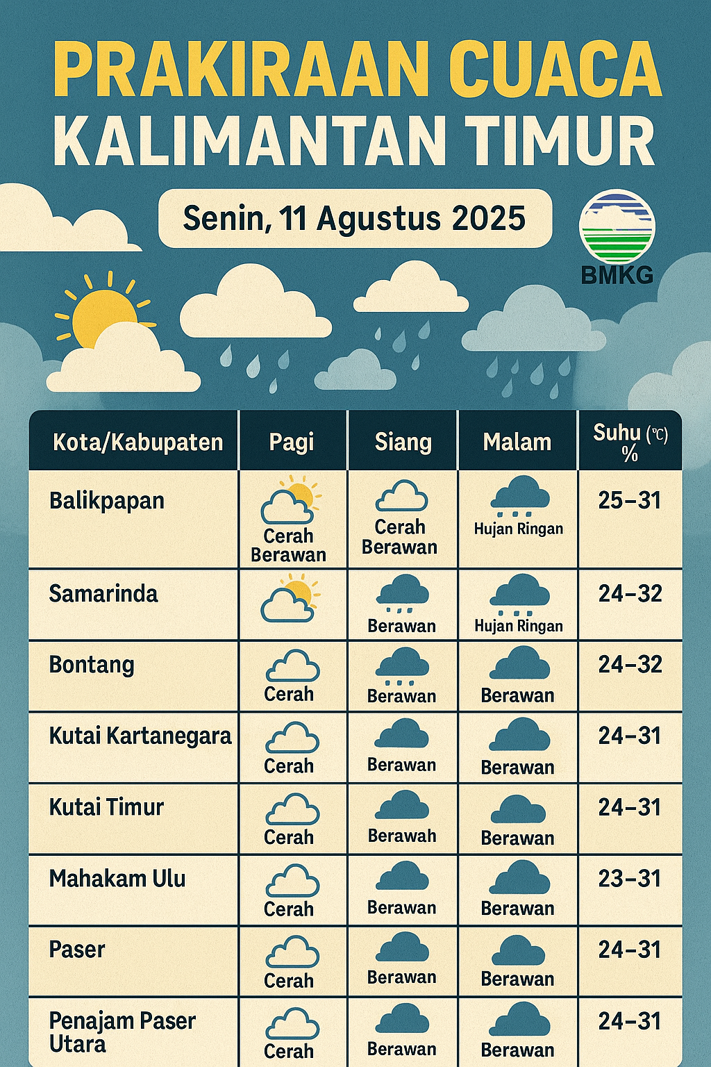 Prakiraan Cuaca Kaltim Senin 11 Agustus 2025