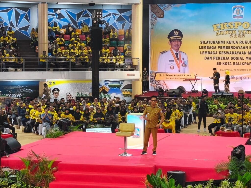 Wali Kota Balikpapan Rahmad Mas’ud saat memberikan sambutan dalam Ekspose Akhir Tahun Pemerintah Kota (Pemkot) di Gedung BSSC Dome, Senin (22/12/2025).