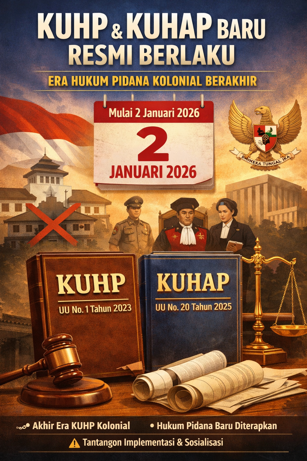 Kitab Undang-Undang Hukum Pidana (KUHP) dan Kitab Undang-Undang Hukum Acara Pidana (KUHAP) yang baru mulai berlaku efektif pada Jumat, 2 Januari 2026.