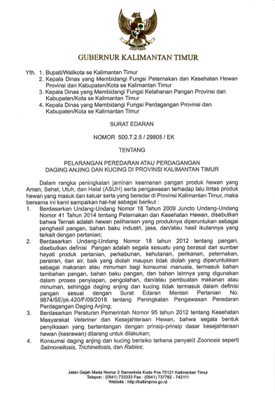 Surat Edaran (SE) Pelarangan Peredaran dan Perdagangan Daging Anjing serta Kucing di seluruh wilayah Bumi Etam
