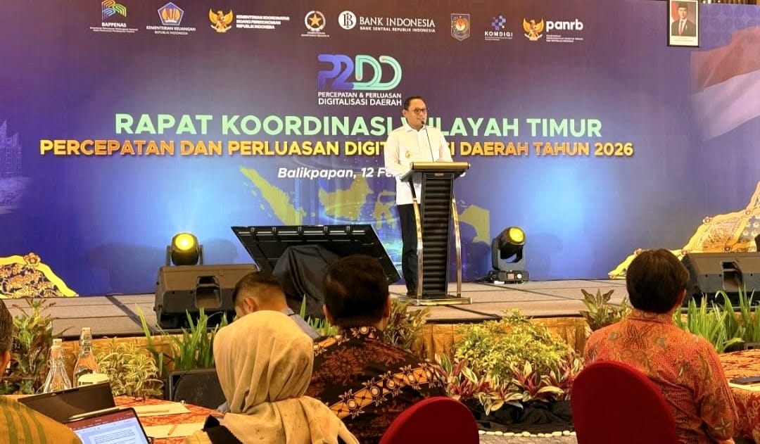 Wakil Gubernur Kaltim H Seno Aji menyampaikan sambutan pada Rakor Wilayah Timur P2DD 2026 di Hotel Novotel Balikpapan, Kamis (12/2/2026).