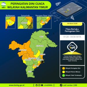 Update Peringatan Dini Cuaca Wilayah - Kalimantan Timur, 09 Maret 2026 Pukul 01:20 WITA (foto : BMKG)