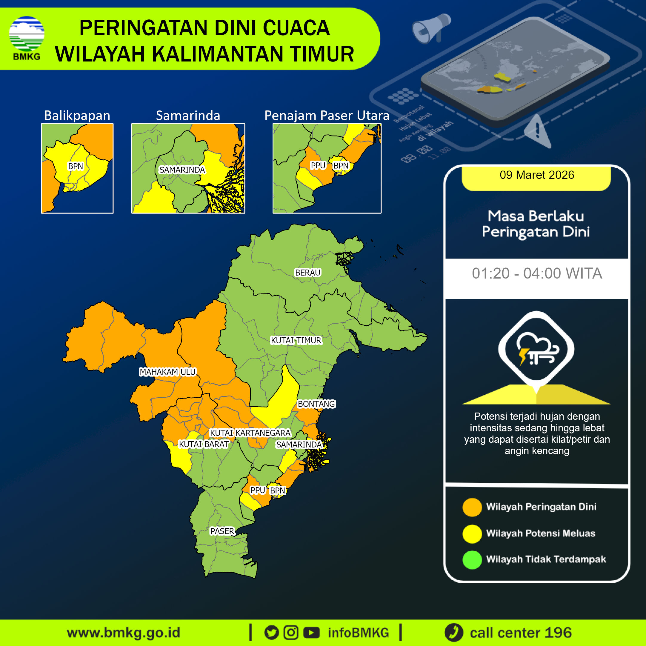 Update Peringatan Dini Cuaca Wilayah - Kalimantan Timur, 09 Maret 2026 Pukul 01:20 WITA (foto : BMKG)