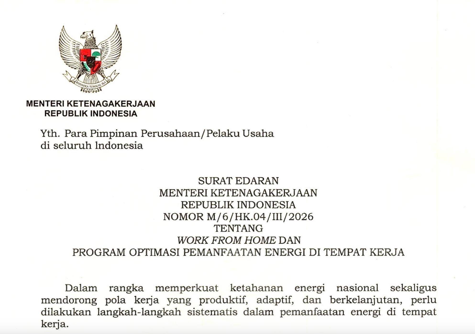 Surat Edaran (SE) Nomor M/6/HK.04/III/2026 tentang Work From Home (WFH) dan Program Optimasi Pemanfaatan Energi di Tempat Kerja / Setneg