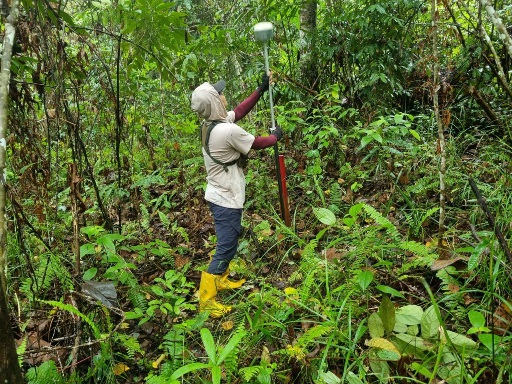 Petugas melakukan pengukuran titik tapak tower SUTT 150 kV di wilayah Kutai Kartanegara sebagai bagian dari proses sertifikasi tower listrik PLN.