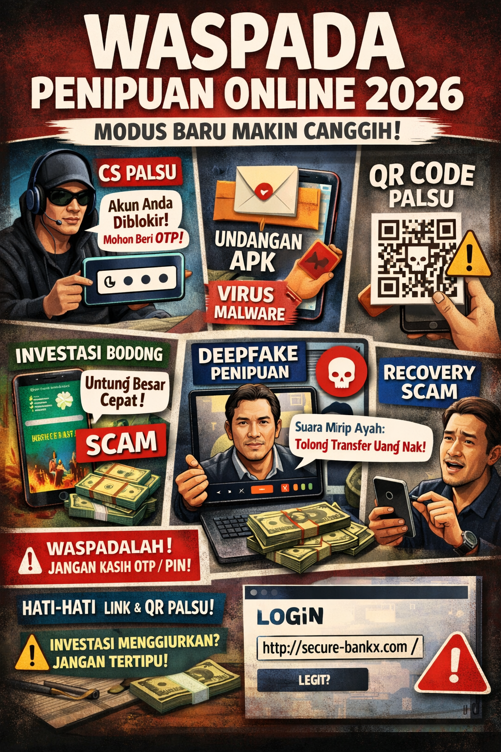 Modus penipuan online terus berkembang dan semakin canggih di tahun 2026. Pelaku kini memanfaatkan teknologi terbaru, termasuk kecerdasan buatan (AI), untuk menipu korban