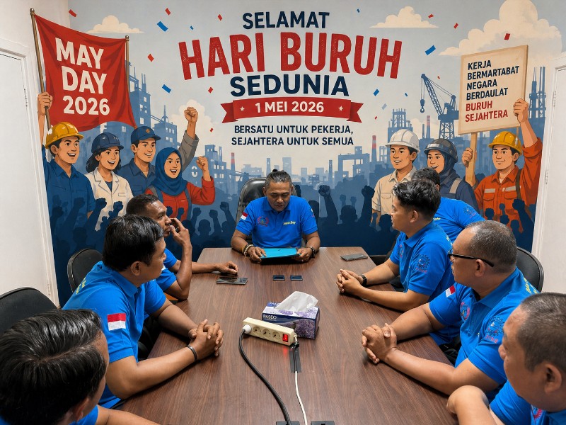 May day 20206: Pengurus Serikat Pekerja Garda Borneo Bersatu saat merumuskan tuntutan kepada PT Pertamina Training & Consulting (PTC) di Balikpapan, Jumat (1/5/2026).