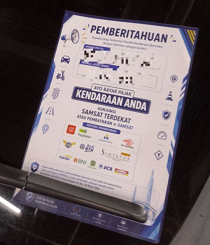 Surat pemberitahuan dari Samsat bagi penunggak pajak