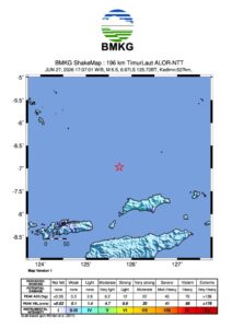 Gempa bumi berkekuatan magnitudo (M) 5,5 mengguncang wilayah timur laut Alor, Nusa Tenggara Timur (NTT), pada Sabtu (27/6/2026) pukul 17.37 WIB