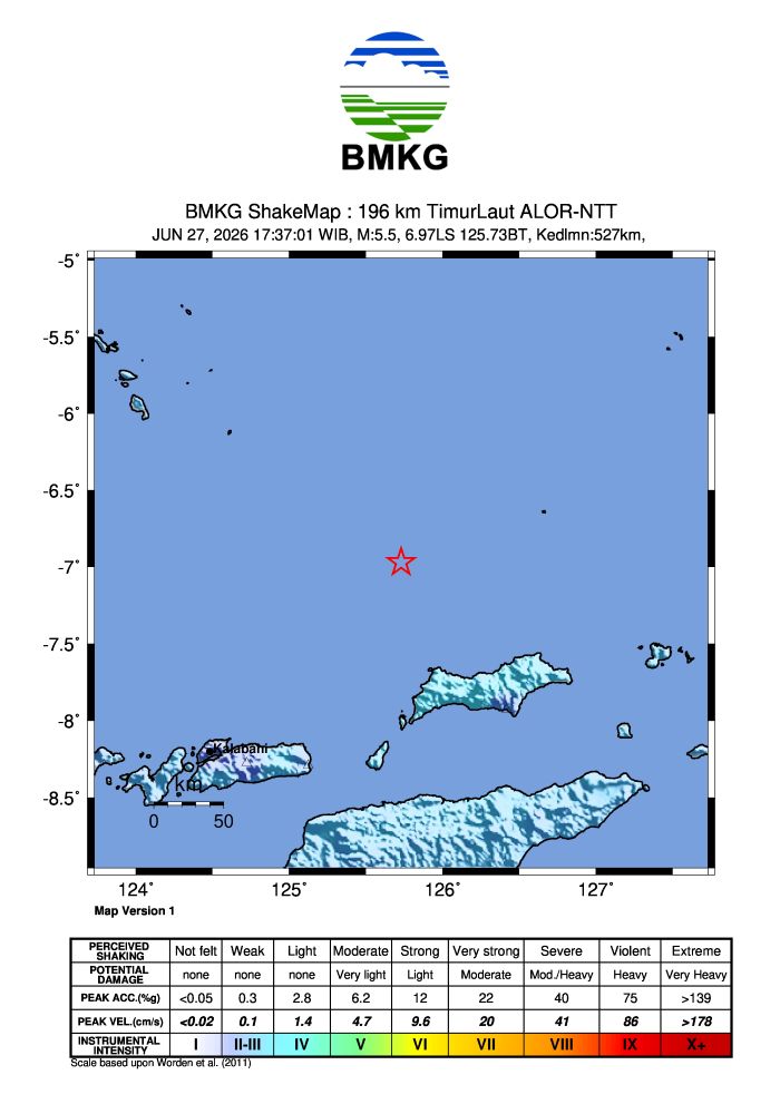 Gempa bumi berkekuatan magnitudo (M) 5,5 mengguncang wilayah timur laut Alor, Nusa Tenggara Timur (NTT), pada Sabtu (27/6/2026) pukul 17.37 WIB