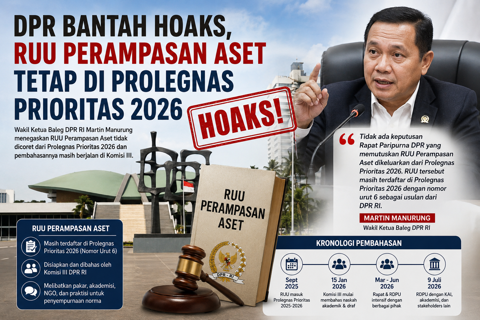 Wakil Ketua Badan Legislasi DPR RI Martin Manurung merespons narasi dan infografis yang beredar belakangan ini yang menyebutkan bahwa Rancangan Undang-Undang (RUU) tantang Perampasan Aset dikeluarkan dari Program Legislasi Nasional (Prolegnas) Prioritas Tahun 2026.