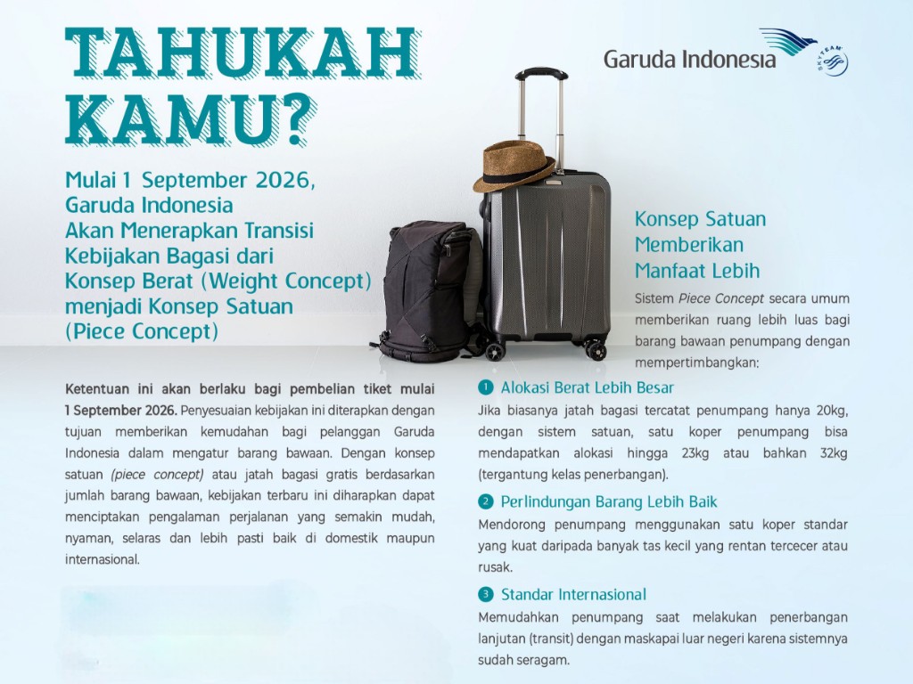 Garuda Indonesia akan menerapkan kebijakan bagasi Piece Concept yang mulai berlaku untuk pembelian tiket sejak 1 September 2026.