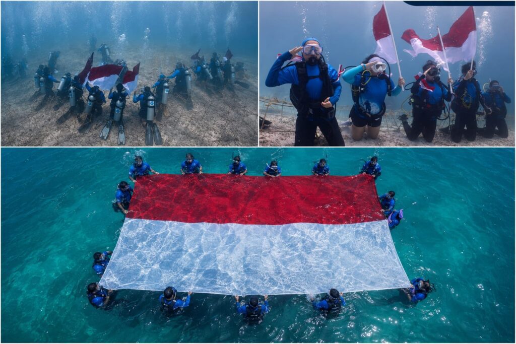 Di Pulau Maratua, Kabupaten Berau, Kalimantan Timur, lebih dari 30 penyelam membawa Sang Merah Putih ke bawah laut sekaligus melakukan transplantasi terumbu karang yang rusak.