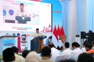 Presiden Prabowo dalam sambutannya pada peresmian LRT Jakarta rute Kelapa Gading–Manggarai di Stasiun LRT Manggarai, Jakarta, pada Rabu (16/09/2026). (foto : Setneg)