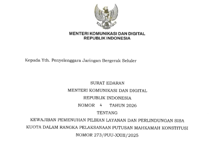 Surat Edaran (SE) Nomor 4 Tahun 2026 tentang Kewajiban Pemenuhan Pilihan Layanan Dan Perlindungan Sisa Kuota yang diterbitkan pada Jumat (28/08/2026).