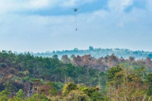 Otorita Ibu Kota Nusantara (IKN) bersama Badan Nasional Penanggulangan Bencana (BNPB), TNI Angkatan Udara, Badan Meteorologi, Klimatologi, dan Geofisika (BMKG), serta mitra terkait bergerak cepat melakukan penanganan kebakaran hutan dan lahan (karhutla) di sejumlah lokasi dalam delineasi IKN. Melalui operasi water bombing dari udara (foto : Humas Otorita IKN)