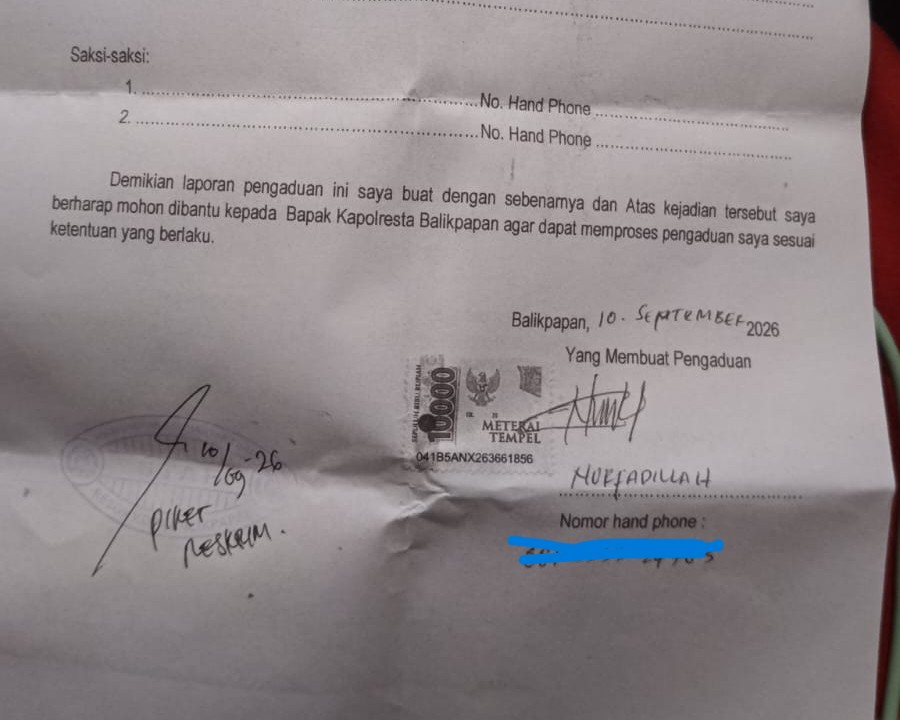 Tanda bukti laporan ke Polresta Balikpapan